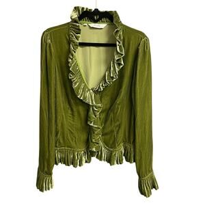 Scapa Green Velour Button Front Ruffle Cardigan Jacket Womens 44 / US Large